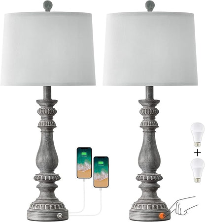 BOBOMOMO 27" Rustic 3-Way Dimmable Touch Table Lamps for Bedroom Farmhouse Lamp Set of 2 with 2 USB Charging Ports for Living Room Vintage Rustic Traditional Nightstand Lamp (2 Bulbs Included) - LeafyLoom