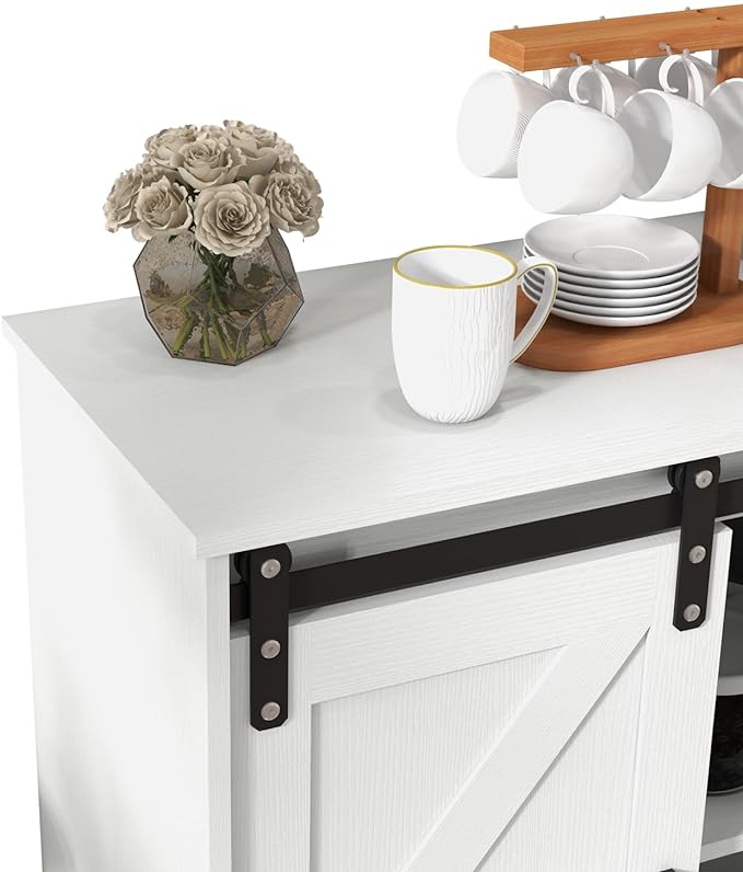 Panana Sliding Barn Door Buffet Sideboard Storage Cabinet Coffee Bar Kitchen Farmhouse Style (White Cabinet) - LeafyLoom