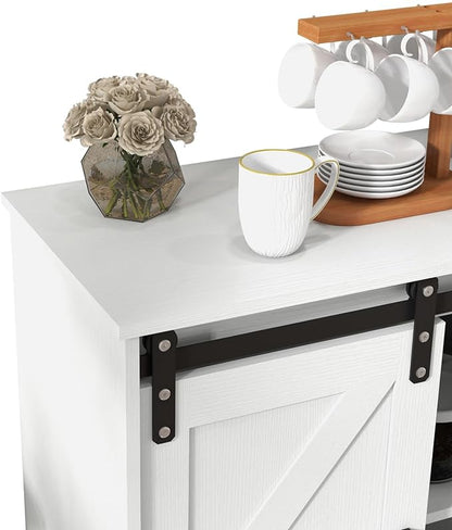 Panana Sliding Barn Door Buffet Sideboard Storage Cabinet Coffee Bar Kitchen Farmhouse Style (White Cabinet) - LeafyLoom