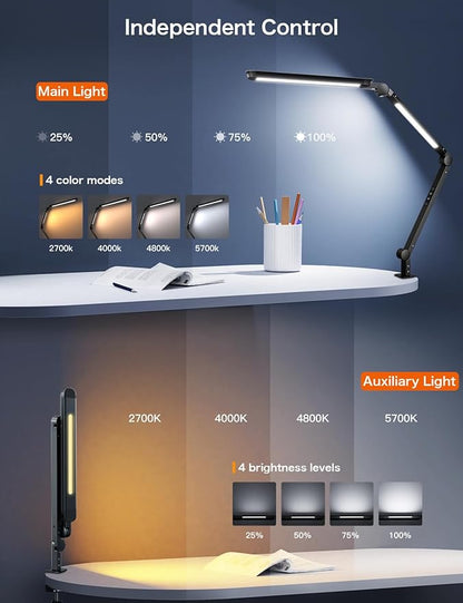 Sky LED Desk Lamp with Remote Control - Three Light Sources・24W・Ajustable Atmosphere Lighting - Flexible Swing Arm, 4 Color Modes & 4 Brightness, Architect Desk Lamp with Clamp for Home Office - LeafyLoom