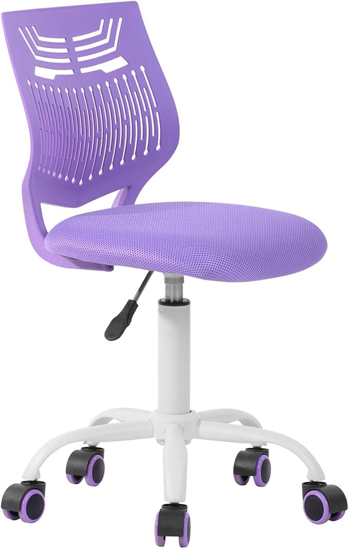 Kids Desk Chair, Armless Home Office Task Chair with Mesh Padded Cushion, Swivel Study Computer Chair with Rolling Wheels for Children Student, Purple - LeafyLoom