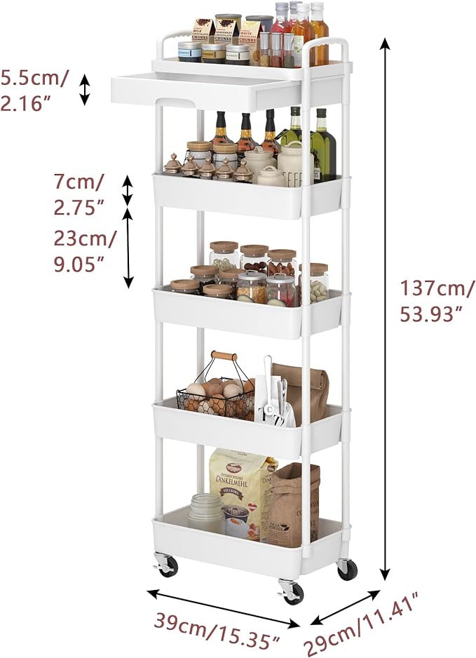 5-Tier Rolling Utility Cart，Trolley with Drawer, Multifunctional Storage Organizer with Plastic Shelf & Metal Wheels, Storage Cart for Living Room, Kitchen, Office, Bathroom, White - LeafyLoom