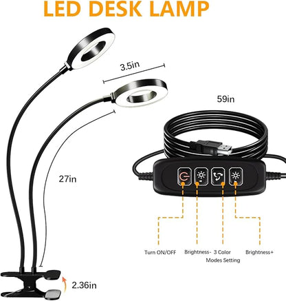 LED Desk Lamp with USB Adapter, Eye-Caring Gooseneck Ring Light, 3 Modes 10 Brightness Adjustable 10W Desk Light for Makeup Reading Bed Headboard (Metal) - LeafyLoom