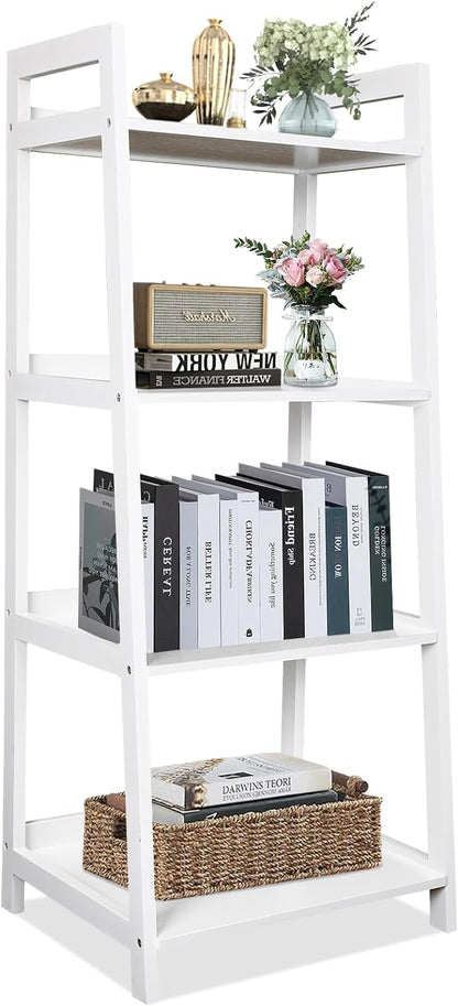 ECOMEX 4-Tier Ladder Shelf, Solid Pine Frame, 20 lbs Capacity per Partition, Modern Style, Home Office, Bedroom (White) - LeafyLoom