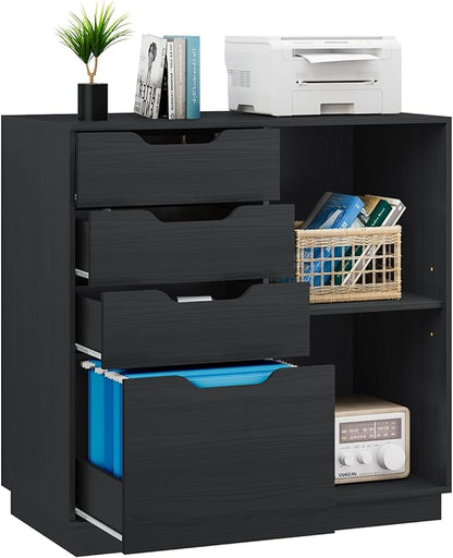 4 Drawers Lateral File Cabinet, Wood Filing Cabinet, Printer Stand with Open Storage Shelves for Home Office, 6 Compartments, Black - LeafyLoom