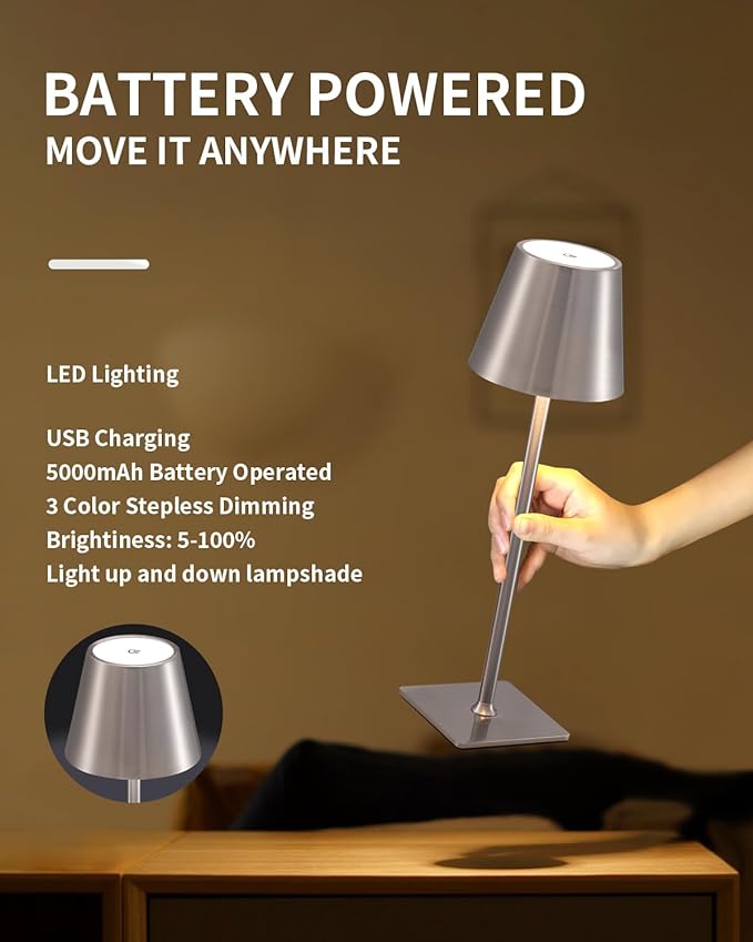 KDG 2 Pack Cordless Table Lamp,Portable LED Desk Lamp, 5000mAh Battery Operated, 3 Color Stepless Dimming Up, for Restaurant/Bedroom/Bars/Outdoor Party/Camping/Coffee Shop Night Light(Brushed Nickel) - LeafyLoom