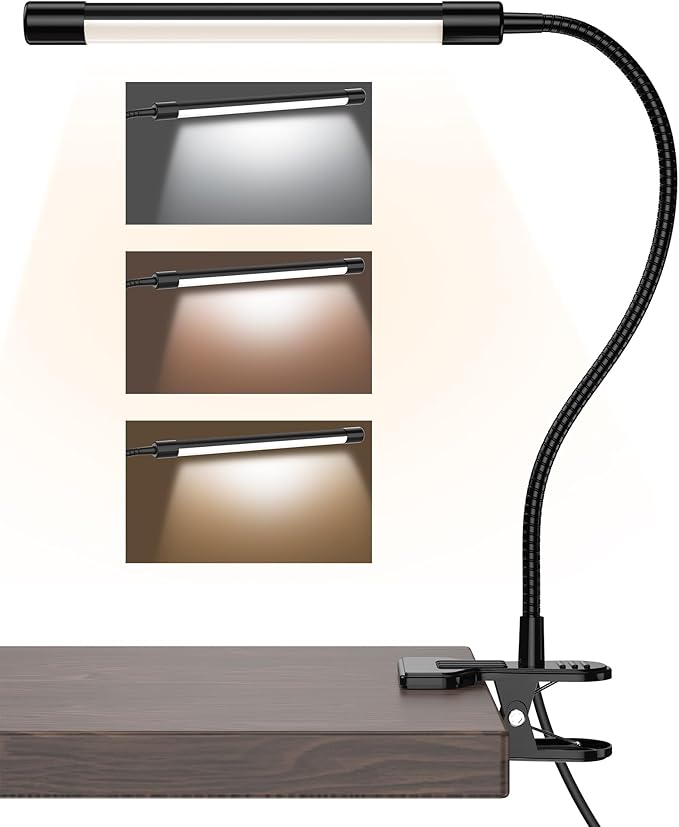 JHD LED Desk Lamp with Clamp - Adjustable 3 Modes, 10 Brightness Levels, USB Eye Caring Flexible Gooseneck Desk Light, Perfect for Home Office, Dorm Room, Bed Headboard,Nail, Clip On Light, Black - LeafyLoom