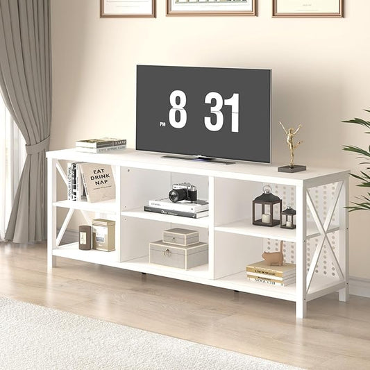 LVB White TV Stand for 75 Inch TV, Large Industrial Wood Entertainment Center with Storage Cabinet, Long Modern Metal Television Stands Console Table for Home Living Room Bedroom, White Oak, 63 Inch - LeafyLoom