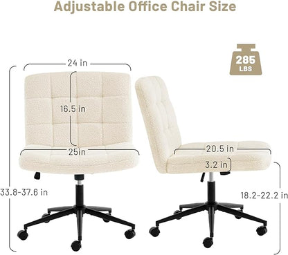 Furniliving Wide Desk Chair, Faux Fur Upholstered Office Chair with Wheels, Adjustable Accent Chair with Thicken Seat, Computer Chair for Living Room, Study Room, Home Office, IvoryWhite - LeafyLoom