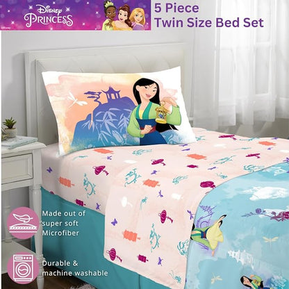 Franco Disney Princess Mulan Kids Bedding Super Soft Microfiber Comforter and Sheet Set, 4 Piece Twin Size, (Official Licensed Product) - LeafyLoom