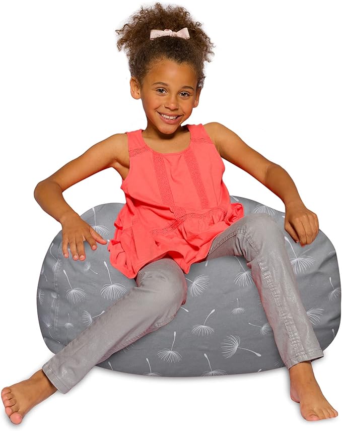 Posh Creations Bean Bag Chair for Kids, Teens, and Adults Includes Removable and Machine Washable Cover, Canvas White Dandelions on Gray, 27in - Medium - LeafyLoom