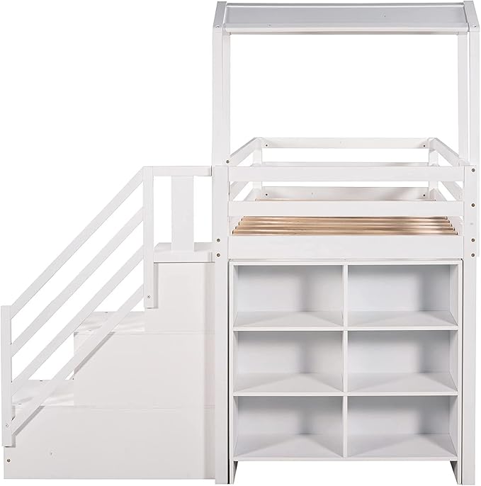 Stairway Twin over Full House Bunk Bed with Storage Shelves & Roof Design,Wooden Bunkbeds wtih Safety Guardrails for Kids/Teen/Adults Bedroom,Space Saving, White - LeafyLoom