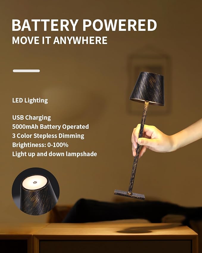 KDG 2 Pack Cordless Table Lamp,Portable LED Desk Lamp, 5000mAh Battery Operated, 3 Color Stepless Dimming Up, for Restaurant/Bedroom/Bars/Outdoor Party/Camping/Coffee Shop Night Light(Vintage) - LeafyLoom