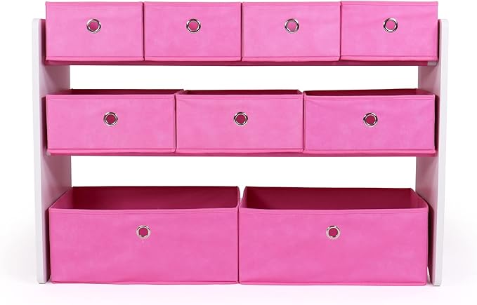 Humble Crew Kids Toy Organizer with 9 Collapsible Fabric Storage, White Wood and Pink Bins - LeafyLoom