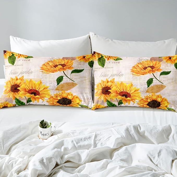 Girls Sunflowers Comforter Set Twin Size Retro Yellow Sunflower Bedding Set for Kids Teens Women Botanical Flowers Duvet Insert Vintage Floral Letters Down Comforter Kids Bedding Set, 2 Pieces - LeafyLoom