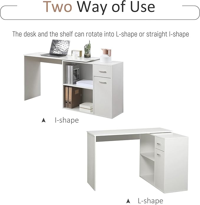 HOMCOM L Shaped Computer Desk, 180° Rotating Corner Desk with Storage Shelves, Drawer and Cabinet, Study Workstation for Home Office, White - LeafyLoom