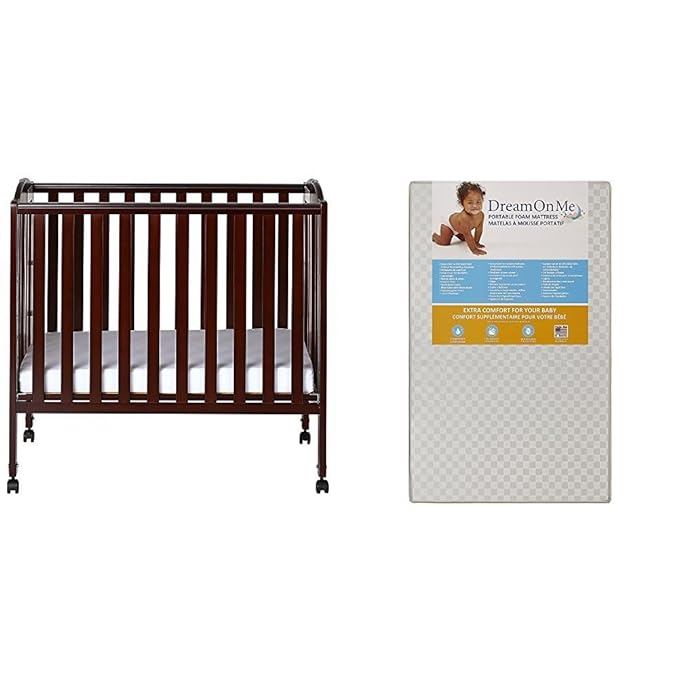 3 in 1 Portable Folding Stationary Side Crib with Dream On Me 3 Portable Crib Mattress, White - LeafyLoom