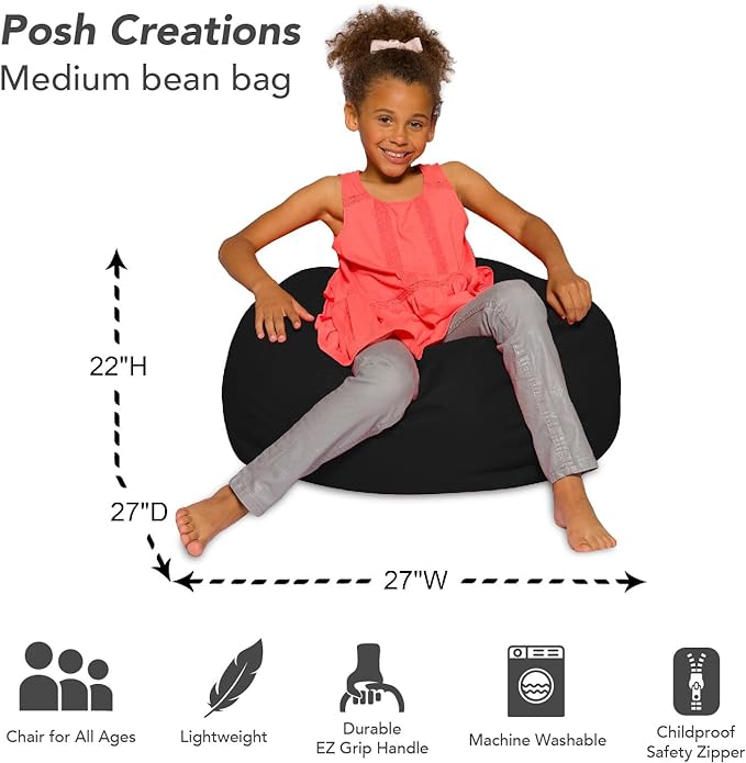 Posh Creations Bean Bag Chair for Kids, Teens, and Adults Includes Removable and Machine Washable Cover, Solid Black, 27in - Medium - LeafyLoom