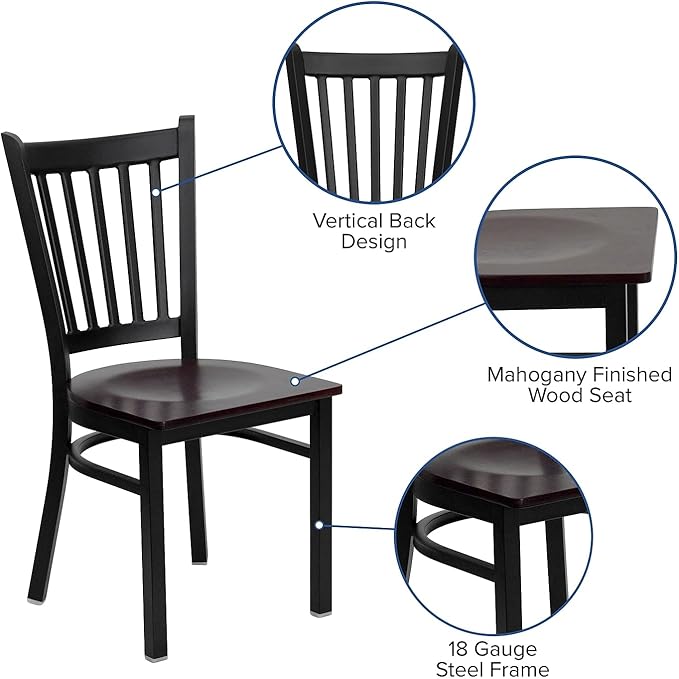 Flash Furniture 2 Pk. HERCULES Series Black Vertical Back Metal Restaurant Chair - Mahogany Wood Seat - LeafyLoom