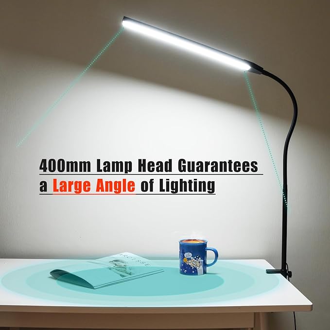 Clamp on Lamp, CeSunligt LED Desk Lamp, 12W, 800 LMS, 3 Color Modes, Multi Brightness Adjustable, Eye-Caring Touch Task Lamp for Reading, Home, Office (Adapter Included) - LeafyLoom