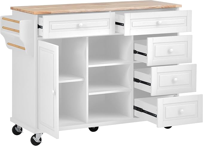 Kitchen Island with Storage Cabinets, Rolling Mobile Kitchen-cart w/Rubber Wood Desktop and 5 Drawers & Open Shelves, Sideboard for Dining Room, Home Bar - LeafyLoom