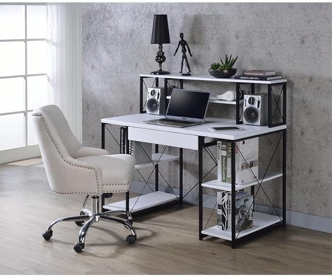 Acme Amiel Wooden 1-Drawer Writing Desk with Small Hutch in White and Black - LeafyLoom