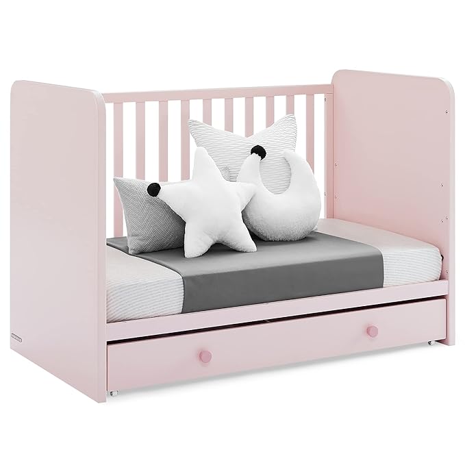 Delta Children babyGap Graham 4-in-1 Convertible Crib with Storage Drawer + Brannan Bear Bookcase with Bins + Brannan Bear Wall Shelf with 4 Hooks, Blush Pink/Dark Pink (Bundle) - LeafyLoom