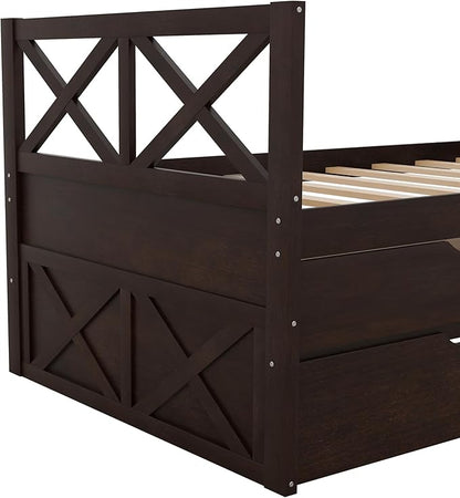 Twin Size Daybed with Storage Drawers and Trundle, Wood Captains Bed frame for Bedroom and Living Room, Espresso - LeafyLoom