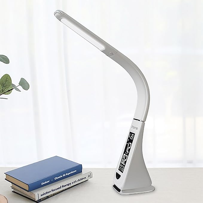 iHome Desk Lamp for Bedroom, Reading Light with Alarm Clock and USB Charging – White (IL100W) - LeafyLoom