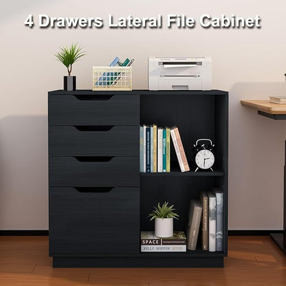 4 Drawers Lateral File Cabinet, Wood Filing Cabinet, Printer Stand with Open Storage Shelves for Home Office, 6 Compartments, Black - LeafyLoom