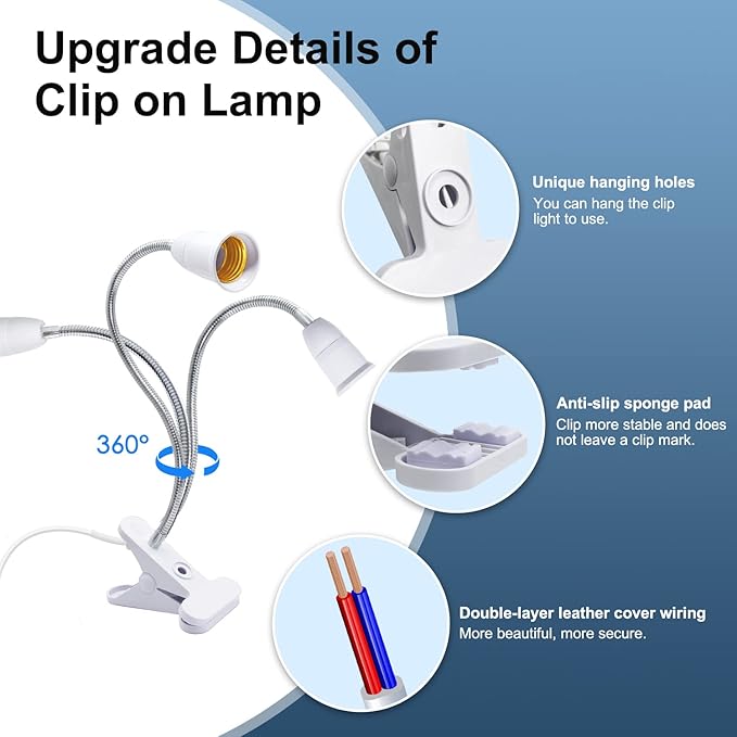 Clip Lamp Holder,Flexible Aluminum Neck Clamp Lights,360°Adjustable Clamp Light Socket,E26/E27 Clamp Light Fixture with 220CM Switch and Plug Cable,Clip Desk Lamp Holder for Study Work Reading,No Bulb - LeafyLoom