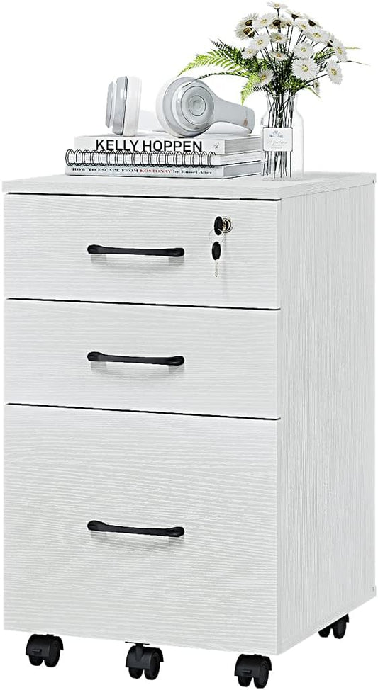 Panana 3 Drawer Wood Mobile File Cabinet, Under Desk Storage Drawers Small File Cabinet for Home Office (White) - LeafyLoom