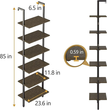 Ladder Shelf Black 6 Tiers Modern Bookshelf Room Organizer Open Tall Wall Mount Bookcase Standing Leaning Wall Shelves Industrial Decorative Living Room Bed Room - LeafyLoom