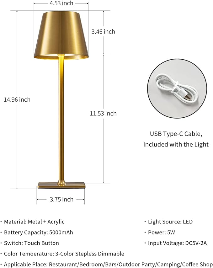 KDG 2 Pack Cordless Table Lamp,Portable LED Desk Lamp, 5000mAh Battery Operated, 3 Color Stepless Dimming Up, for Restaurant/Bedroom/Bars/Outdoor Party/Camping/Coffee Shop Night Light(Gold) - LeafyLoom