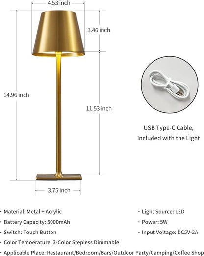 KDG 2 Pack Cordless Table Lamp,Portable LED Desk Lamp, 5000mAh Battery Operated, 3 Color Stepless Dimming Up, for Restaurant/Bedroom/Bars/Outdoor Party/Camping/Coffee Shop Night Light(Gold) - LeafyLoom