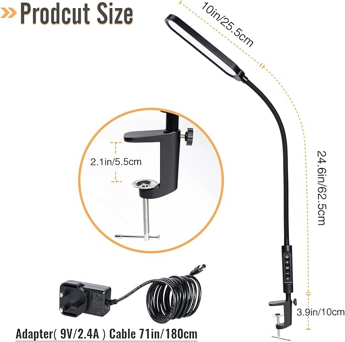 Clamp on Lamp, LED Clamp Desk Lamp, 3000 LMS, 18W, CRI>95, 3 Color Modes, 16 Brightness Levels, Eye-Caring Task Lamp with Remote for Reading, Office, 0.5H/1H Timer (Adapter Included) - LeafyLoom