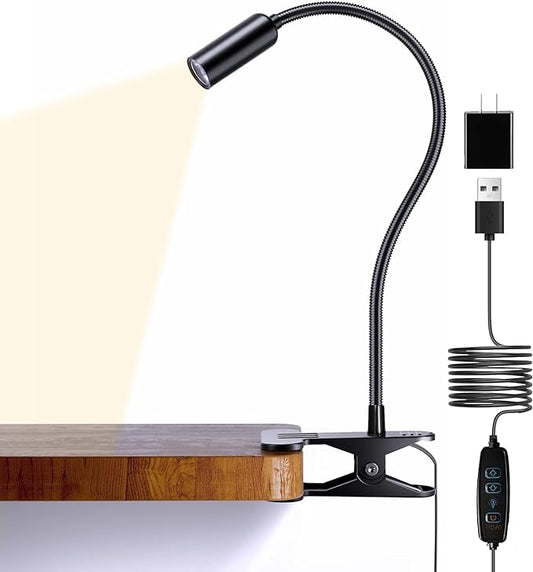 JHD Led Desk Lamp with Clamp - 10 Brightness Levels, 12" Flexible Gooseneck,USB Lamp - Suitable for Home Office, Reading, Bed Light,Quality Black Metal Clamp Light（includes charger adapter） - LeafyLoom