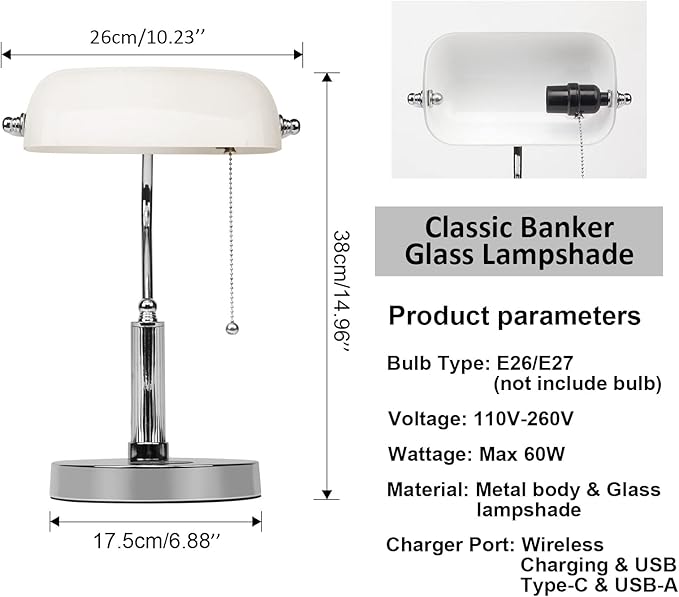 FIRVRE Bankers Lamp, White Glass Desk Lamp with Wireless Charger and 2USB Charging Port,Pull Chain Switch Lamp with Metal Base,Modern Reading Table lamp for Home Office, Piano, Library - LeafyLoom