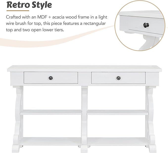 Retro Console Table with Ample Storage,Wood Sideboard Frame,W/Open Adjustable Shelves and 2 Drawers,Buffet Cabinet for Entrance Dinning Living Room,Antique White, 54.1" - LeafyLoom