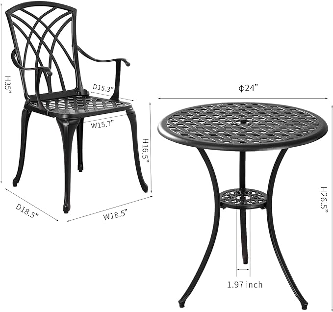 Outdoor 3 Piece Bistro Set Cast Aluminum Bistro Table and Chairs Set of 2, All Weather Bistro Patio Set, Patio Furniture for Garden Black - LeafyLoom