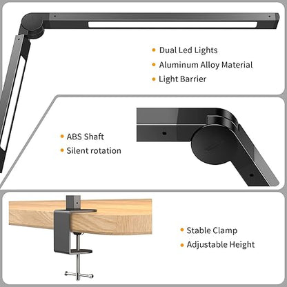 EppieBasic Led Desk Lamp with Clamp, Dual Light Swing Arm Architect Desk Light for Home Office, Dimmable & 4-Color Modes, 12W Eye-Care Office Lighting with Memory & Timer for Monitor Studios Reading - LeafyLoom