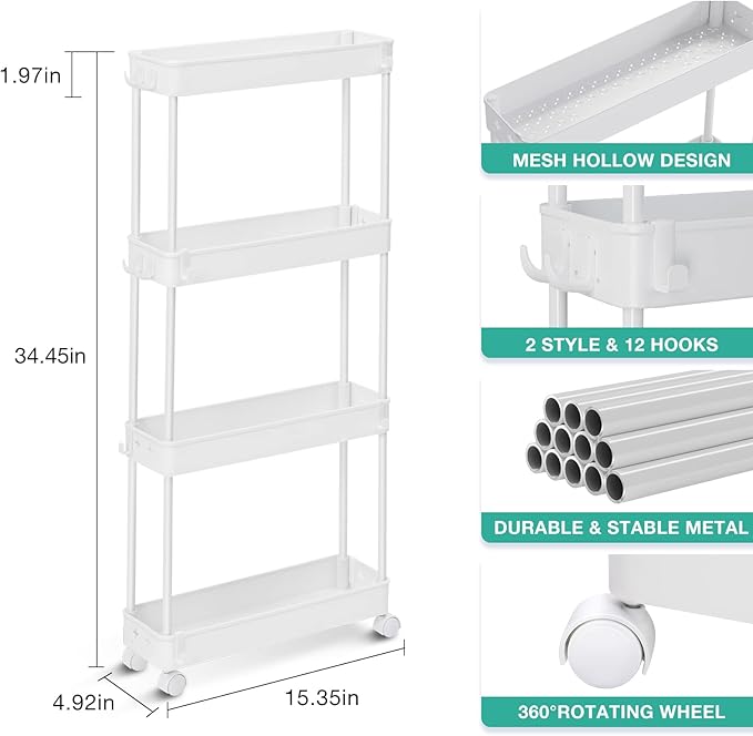 TOOLF Slim Rolling Storage Cart, 4 Tier Bathroom Organizer, Skinny Rolling Utility Cart on Wheels with Hooks, Mobile Shelving Unit Organizer for Kitchen, Bathroom, Laundry, Narrow Places, White - LeafyLoom