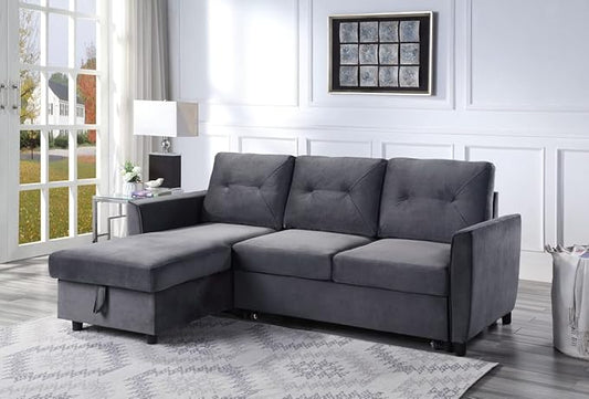 RITSU L Shape Convertible Sectional Sofa with Storage chaise and Pull out Bed, Upholstered Backrest, Velvet Reversible Corner 3 Seater couch for Living Room, Apartment, Dark Gray, 83inch - LeafyLoom