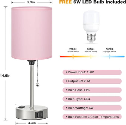 Dicoool Pink Bedroom Lamp for Bedside - 3 Color Temperatures Desk Lamp with USB C and A Ports, Pull Chain Table Lamp with AC Outlet, Nightstand Lamp with Silver Metal Base for Kids Girls - LeafyLoom