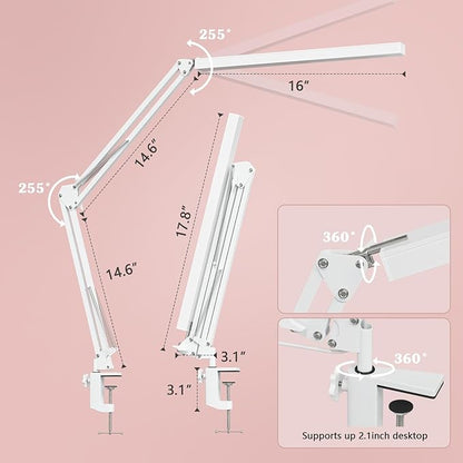 LED Desk Lamp, Manicure Table Lamp, 16" Lamp Head, Dimmable Eye-Caring Drafting Light with 3 Color Modes, 10 Brightness Levels & Adapter, Memory Function(White) - LeafyLoom