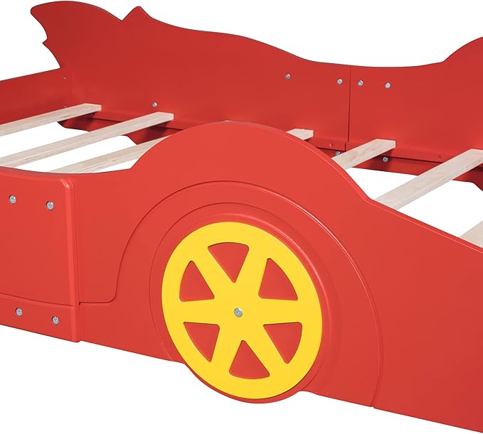 Car Shaped Toddler Bed with Wheels,Racecar Platform Beds W/Safety Guardrail,Slats Support,Stylish Design,Easy Assembly,Wood Full Bedframe for Boys Toddlers Kids Teens Bedroom,Red - LeafyLoom