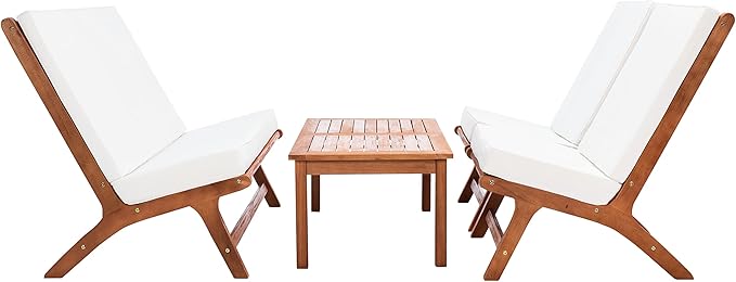 SAFAVIEH Outdoor Collection Chaston Wood Cushion 4-Piece Conversation Patio Set PAT7044F, Natural/Beige - LeafyLoom