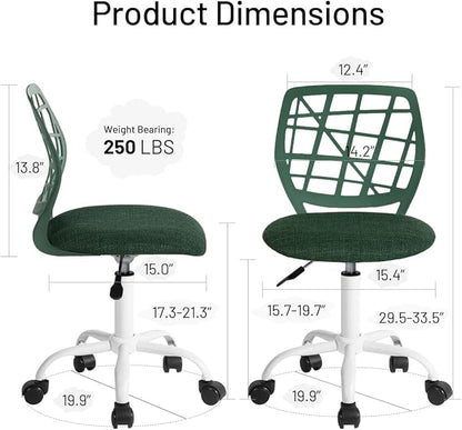 Kids Desk Chair, Fabric Office Chair Armless Small Mid Back Swivel Children Computer Task Chair Ergonomic Height Adjustable Study Chairs with Swivel Padded Cushion and Rolling Wheels, Dark Green - LeafyLoom