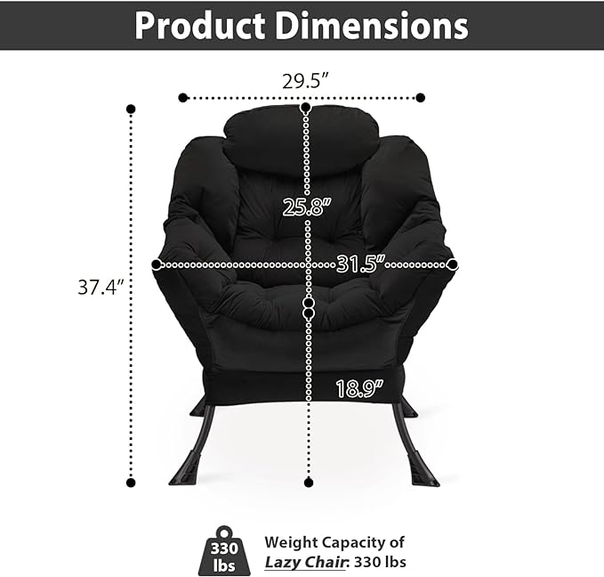 Lazy Chair Thick Padded, Accent Chair Velvet Upholstered with Wide Seat, Stable Metal Frame and Non-Slip Pad, Modern Sofa Armchair with Side Storage Bag for Dorm, Room, Office, Black - LeafyLoom