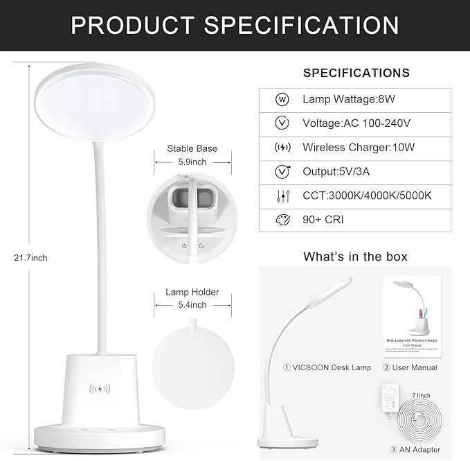 Desk Lamp for Home Office, LED Desk Lamp with Wireless Charger Pen Phone Holder, Dimmable Desk Light 3 Color Modes, College Dorm Study Lamp for College Dorm, CRI 90 800 Lumen - LeafyLoom